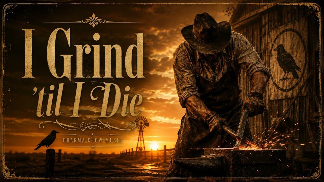 Cover plate for I Grind 'til I Die: a blacksmith in a hat and leather apron strikes sparks from an anvil beside a barn at sunset, a windmill and a crow on a post behind him, the title set at the left in cream serif