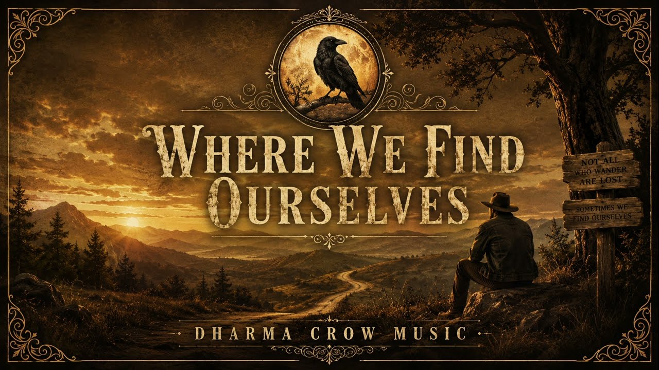 Cover plate for Where We Find Ourselves: a man sits on a rock above a sunlit valley beside a wooden signpost, an oak overhead and the crow-and-moon roundel above the title, which is set in two lines of cream capitals