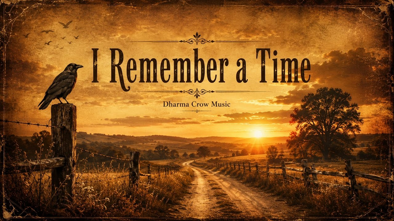 Cover plate for I Remember a Time: a low sun over a fenced dirt road running through rolling fields, a crow on a post at the left, the title set across the sky in a fine engraved serif