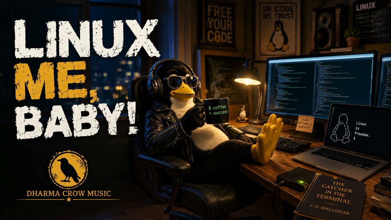 Cover plate for Linux Me, Baby!: a cartoon penguin in sunglasses, headphones and a leather jacket leans back at a night-time desk of code-filled monitors, holding a mug that reads "coffee, success"; the title is set beside it in white and gold distressed capitals