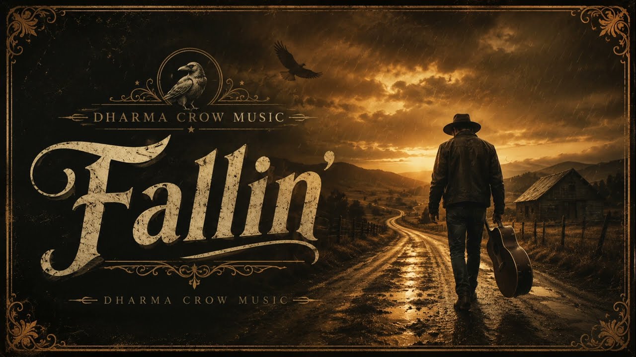 Cover plate for Fallin': rain falls over a dark valley as a man walks a wet dirt road carrying a guitar by the neck, the title set large in a distressed script at the left below a crow roundel