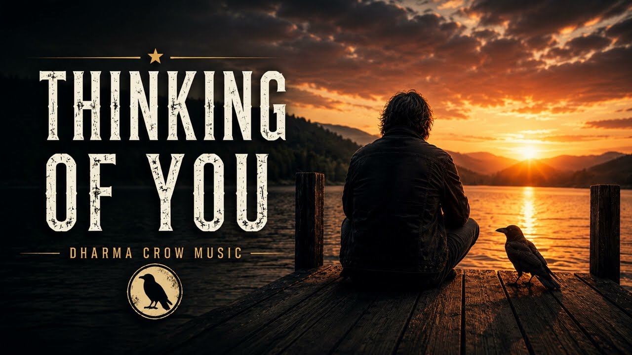 Cover plate for Thinking of You: a man sits alone at the end of a lake dock at sunset with a crow perched on the boards beside him, the title set at the left in cream distressed capitals above the Dharma Crow roundel