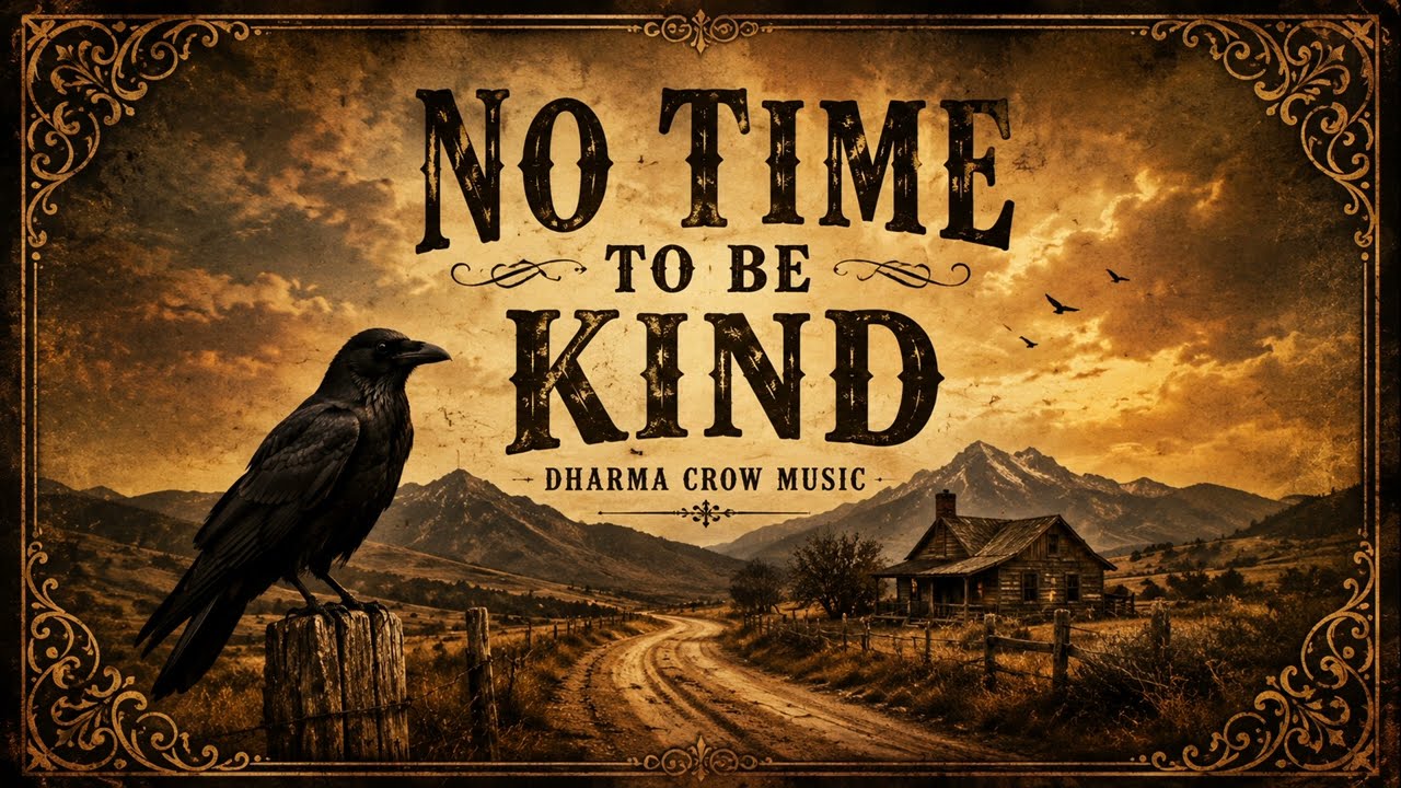 Cover plate for No Time to be Kind: a crow on a fence post in a sepia mountain valley, a weathered cabin and a rutted road behind it, the title stacked in heavy distressed slab capitals under stormy gold cloud, framed by ornate corner scrollwork