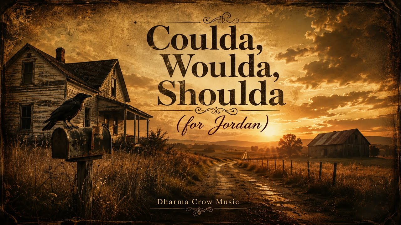 Cover plate for Coulda, Woulda, Shoulda: a crow perched on a rusted mailbox outside an abandoned clapboard farmhouse, a dirt road running past to a barn at sunset, the title stacked in three serif lines with the dedication beneath in script