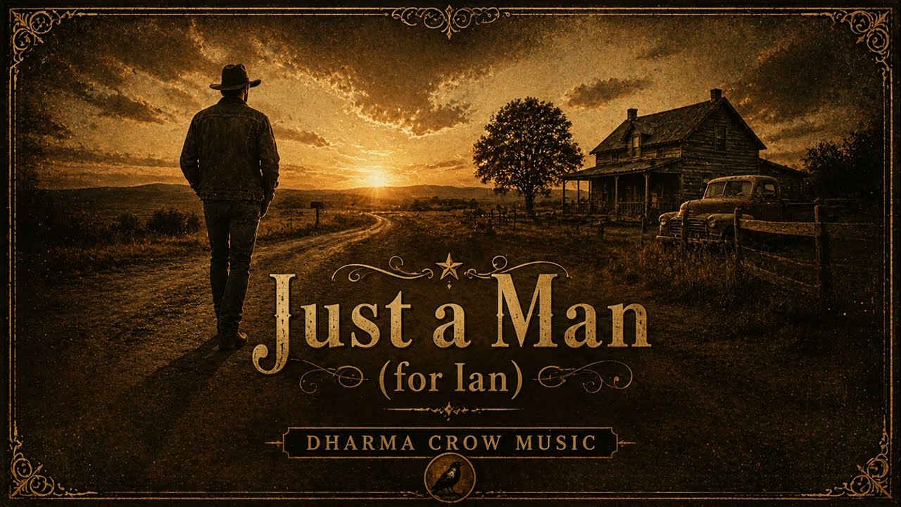 Cover plate for Just a Man: a man in a hat walks away down a dirt road toward a low sun, a farmhouse and an old pickup at the right, the title set in gold serif across the foreground with the dedication beneath