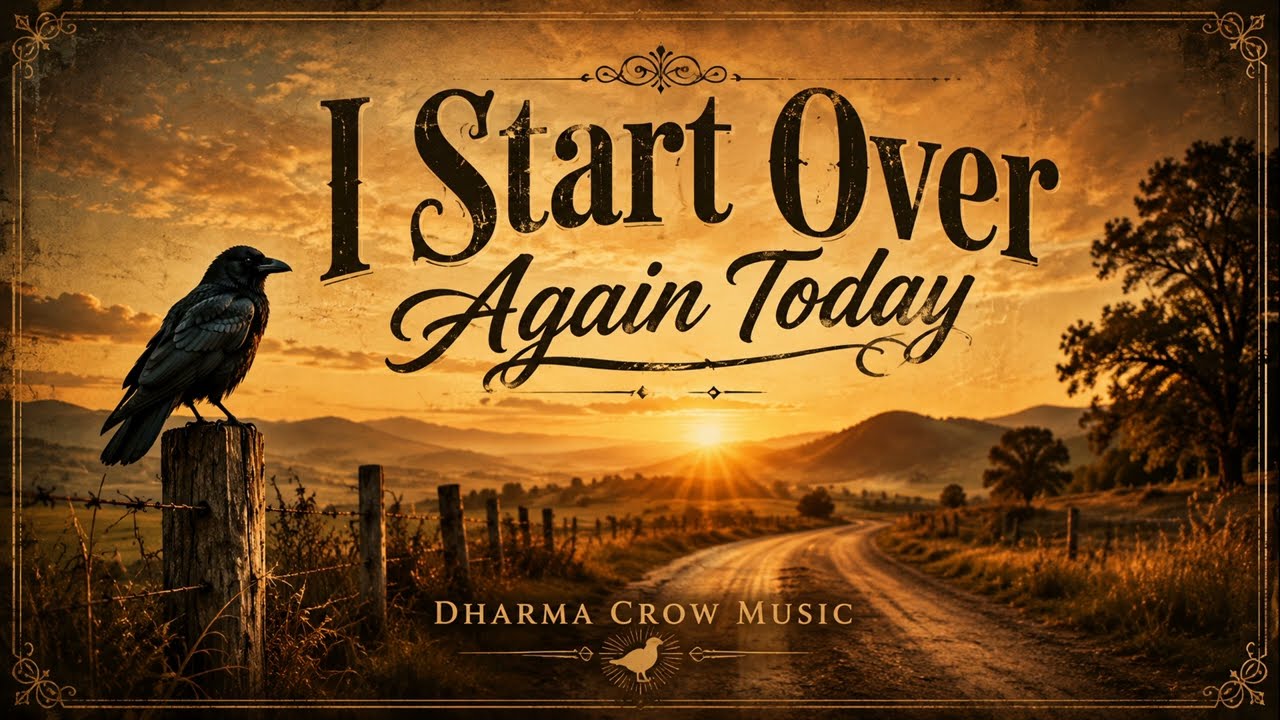 Cover plate for I Start Over Again Today: a crow on a fence post watches the sun rise over a dirt road winding away through hills, the title set across the sky in a tall serif above a flowing script line, inside a gold ornamental border