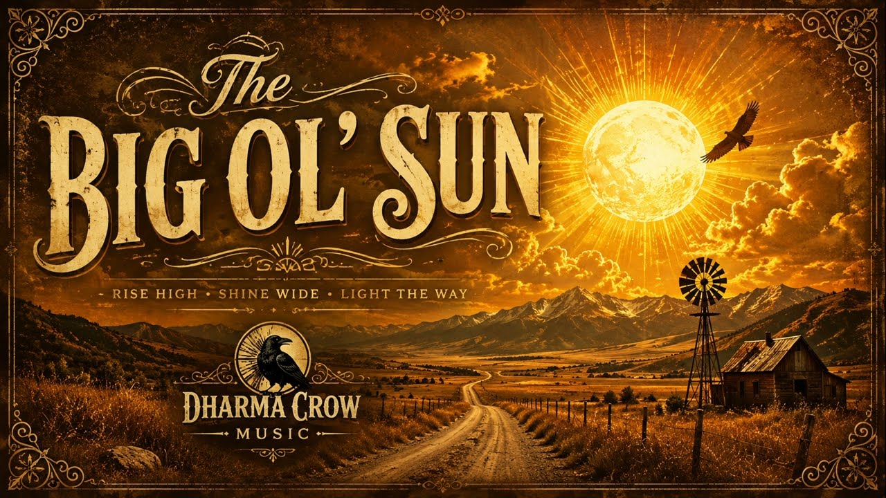 Cover plate for The Big Ol' Sun: an enormous golden sun blazes over a mountain valley with a windmill, a barn and a dirt road, the title set in tall cream capitals above the line "rise high, shine wide, light the way"